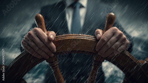 Businessman steers ship through stormy seas
