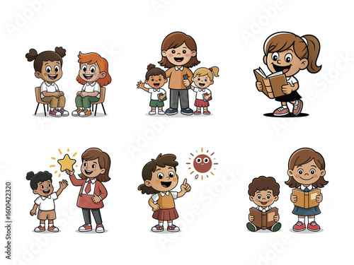 Diverse children engaged in learning and play activities reading playing