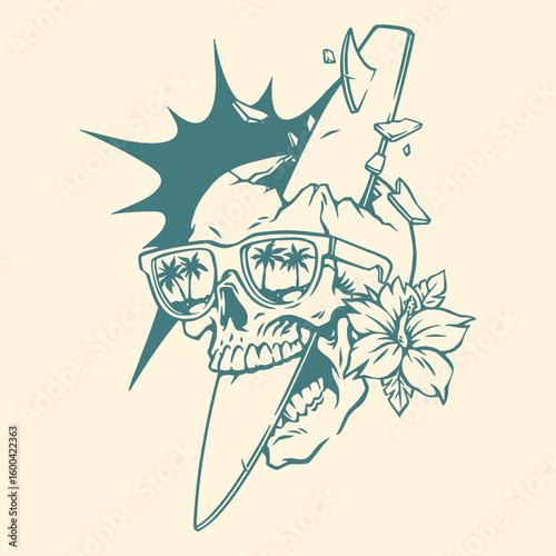 Surfer skull with tropical flowers
