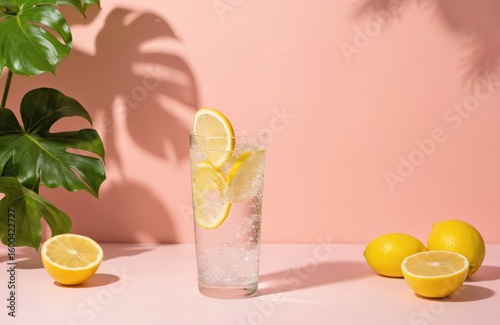 Refreshing fizzy water in glass with lemon slices. Bubbly beverage with citrus fruit on pink background with green plants shadow. Cool hydratation drink, summer refreshment, healthy lifestyle choice.