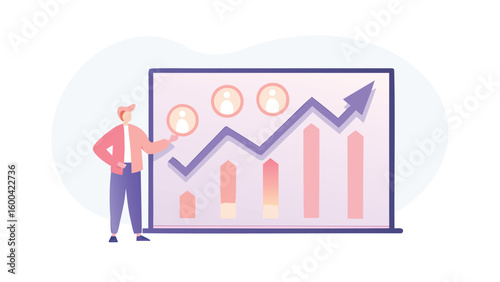 Man analyzing growth chart with magnifying glass and people icons on a screen representation visual