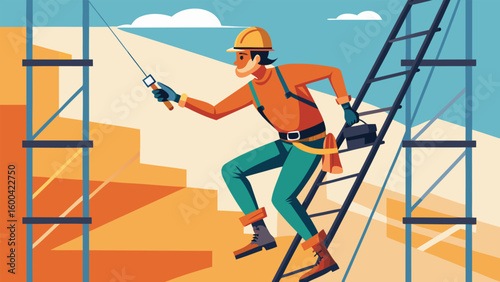 Worker climbing scaffolding with tools construction