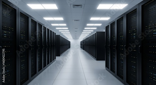 Serene Server Room: Rows of Sleek Black Data Cabinets Under Bright, Modern Lighting