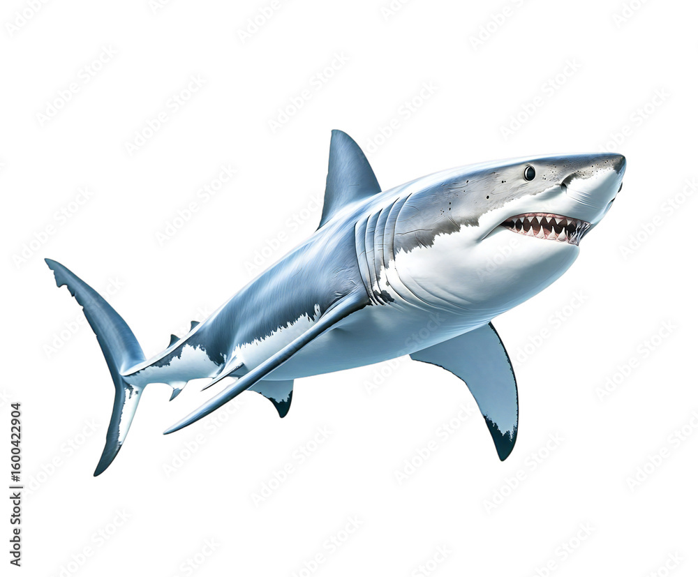 Obraz premium Majestic great white shark swimming powerfully in the ocean depths depicted graphically on transparent background