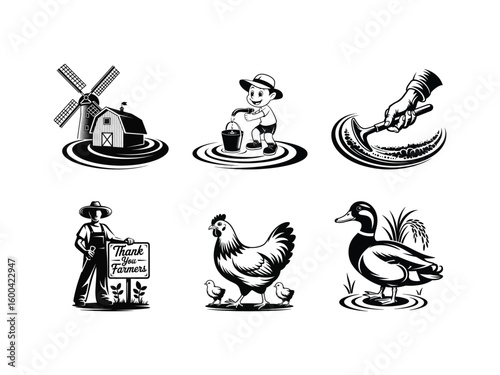 Farm scenes with windmill barn boy watering duck chicken and farmer with sign vector