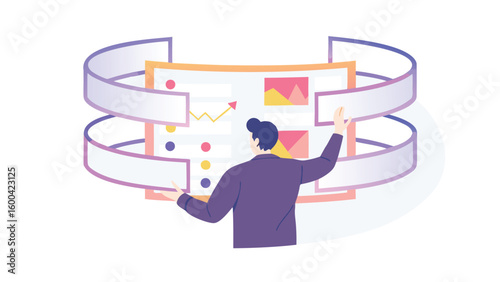 Man presenting a data dashboard with charts and graphs surrounded by curved white and purple frames
