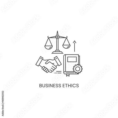 Vector art of business ethics are symbolized by scales of justice a handshake and