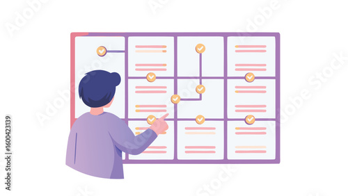 Person pointing at a project board with tasks and connections for workflow management and planning process