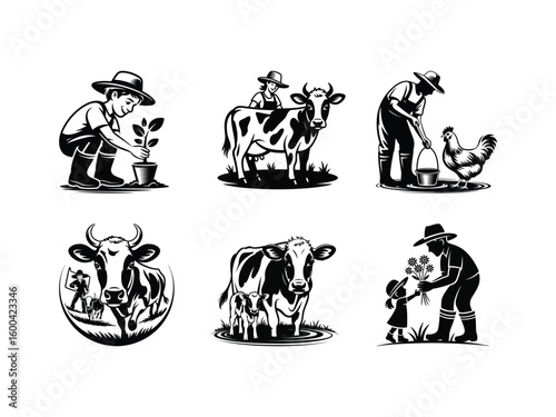Farmers tending to livestock and plants farming agriculture