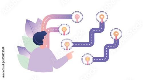 Man pointing at winding paths with destinations and foliage in a vector style illustration design