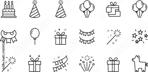 Festive celebration icons cake balloons gifts party hats