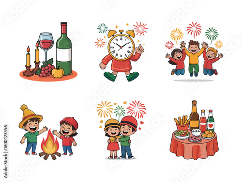 Festive celebration scenes with children and food fireworks drinks