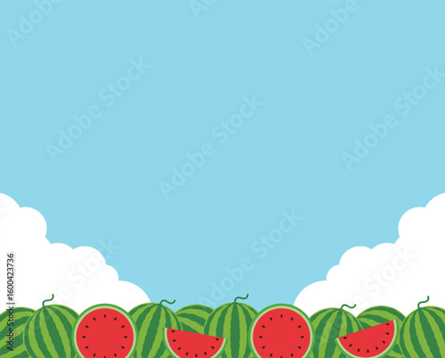 A background illustration of a fresh and juicy watermelon field under a bright sky. Whole or sliced watermelons are seasonal and go well with the summer concept.