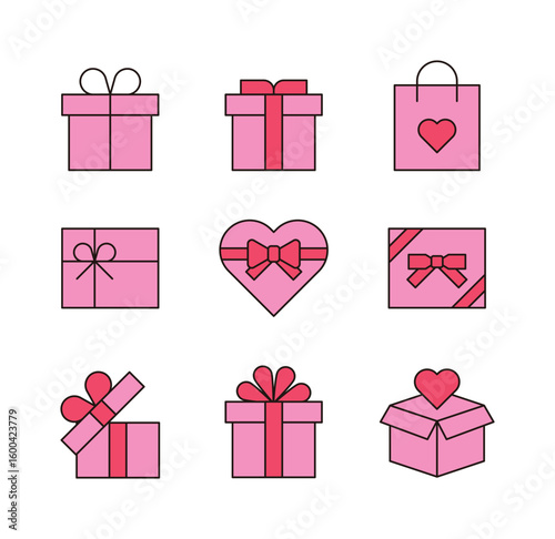 Set of flat line icons for gift, shopping, anniversary and event concept in simple and minimal style.