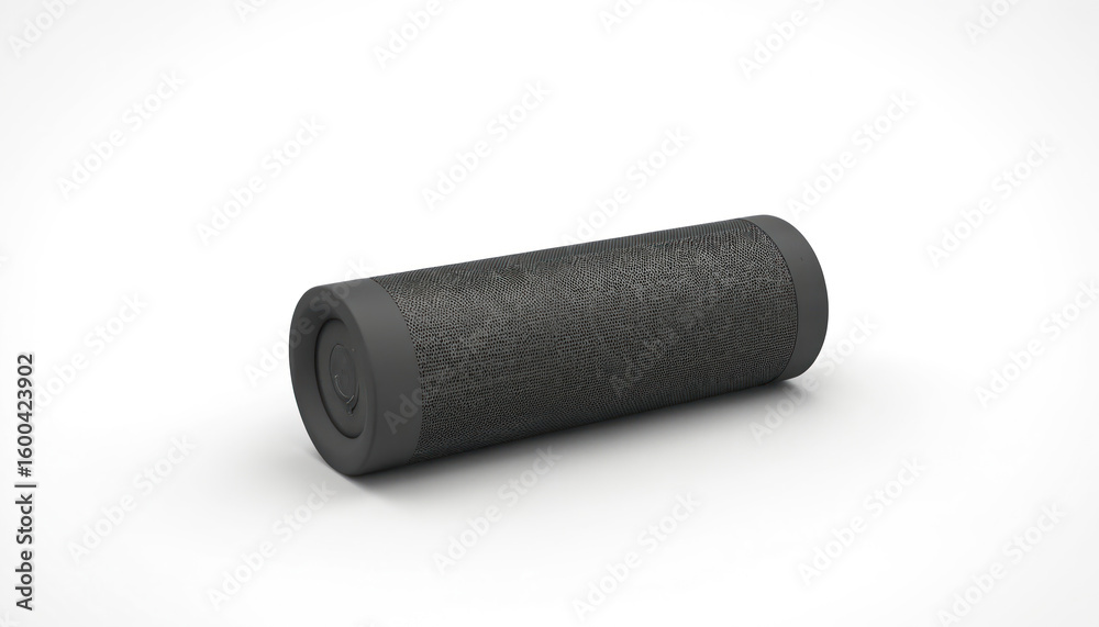 Sleek portable speaker mockup, cylindrical shape, dark fabric mesh exterior. Isolated on white background with soft shadow. Modern audio device, technology equipment for music. Sleek portable speaker mockup, cylindrical shape, dark fabric mesh exterior. Isolated on white background with soft shadow. Modern audio device, technology equipment for music.
