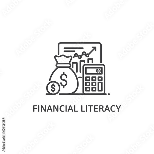 Vector art of financial literacy is represented by a money bag with a dollar sign a