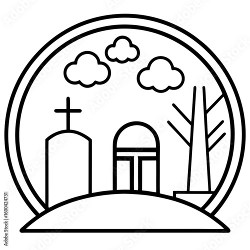 Graveyard scene line art vector illustration