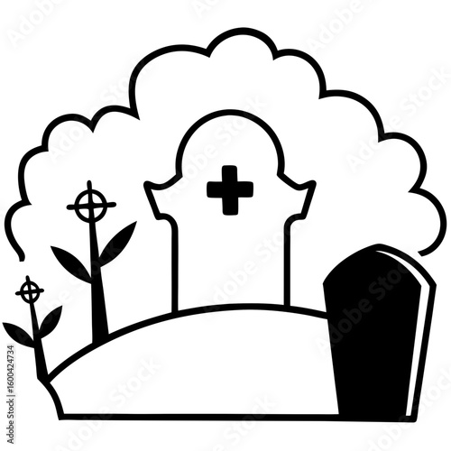 Graveyard scene line art vector illustration