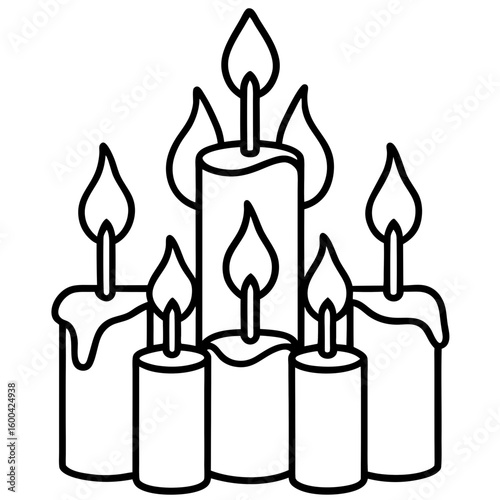 Burning candle group line art vector illustration