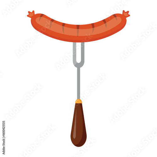 BBQ  illustration with sausage on fork on transparent background.  Design element for cooking theme, restaurants, cafe, outdoor cooking, posters, patterns, logos. Flat cartoon style.Vector design