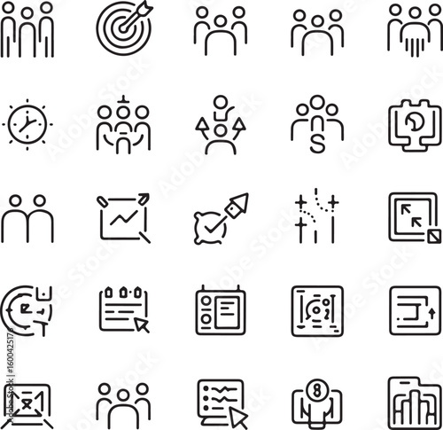 Group people clock target graph check mark calendar computer screen folder