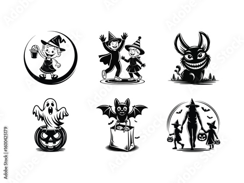 Halloween characters trick or treating and spooky scenes children witches
