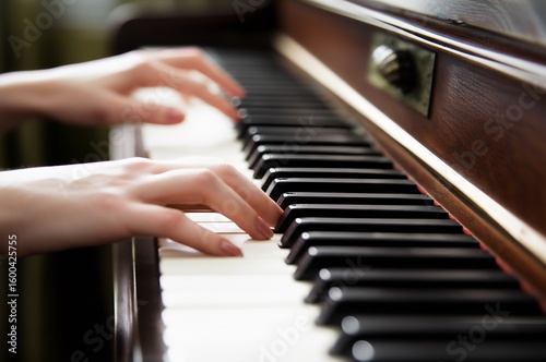Intimate close-up of skilled hands gracefully playing a vintage piano, keys blurred by a shallow depth of field, evoking a sense of nostalgic melody.