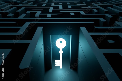 Illuminating the way: A radiant key unlocks a complex, dark maze, symbolizing clarity, innovative solutions, and overcoming challenges.