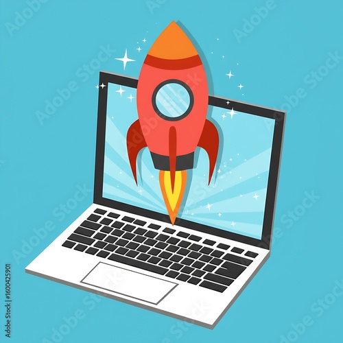 Digital startup launch visualized as a rocket blasting off from a laptop screen, symbolizing new product release and technological innovation.