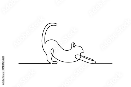 Elegant black line art of a stretching cat, depicted as a simple and graceful vector silhouette on a clean white background.