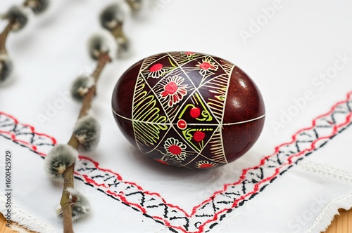 Exquisite Ukrainian pysanka Easter egg, adorned with intricate traditional patterns, rests serenely on a richly embroidered cloth beside a delicate willow branch.