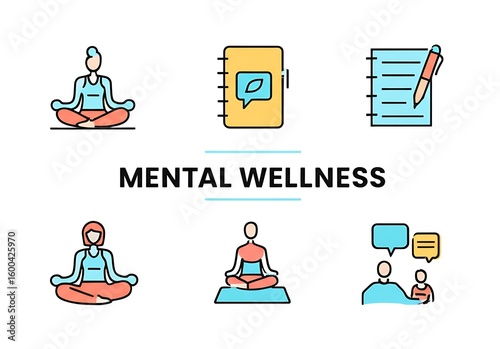 Clean vector icon set illustrating mental wellness activities: serene meditation, mindful journaling, calming yoga, and supportive therapy sessions for holistic well-being.