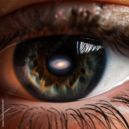 Close-up of a human eye, its iris revealing a miniature galaxy swirling with cosmic wonder, a surreal blend of biology and the universe.