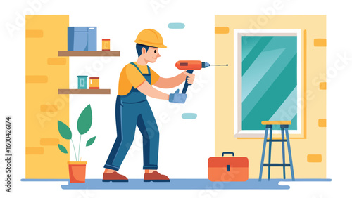 Builder drilling wall with orange drill and blue overalls vector