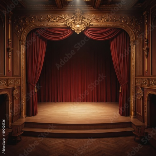 Elegant theatre interior features wooden stage with rich red velvet curtains. Ornate gold detailing adorns proscenium arch. Warm lighting illuminates performance space, ideal for opera, music,
