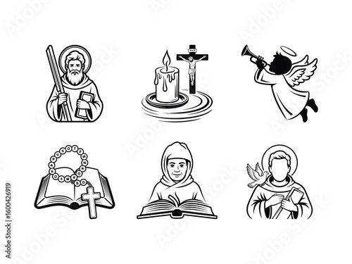 Religious figures and symbols including a saint with a staff a candle with crucifix an angel with trumpet a rosary on an open book a