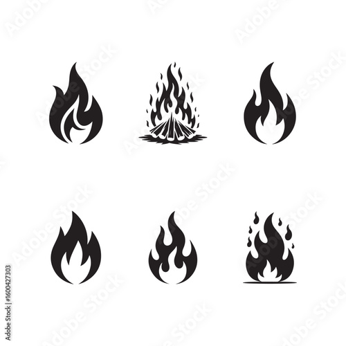 Black vector fire icons, simple shapes on a white background