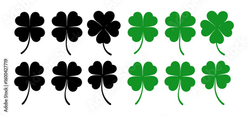 Set of black and green four-leaf clover icons. Simple flat design symbols for St. Patrick’s Day, good luck, Irish themes, or seasonal decoration. Vector format, easy to edit and scale.