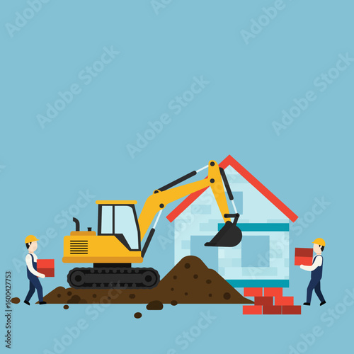 A construction scene depicts workers and an excavator building a house with bricks, set against a light blue backdrop, illustrating the process of home construction.