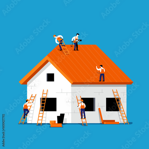 An illustration depicts a house under construction with tiny workers on ladders and the roof, symbolizing home improvement and building projects.
