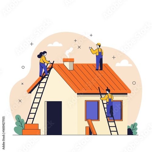A vibrant illustration depicts construction workers repairing a residential house roof, showcasing teamwork and home renovation against a clean, inviting backdrop.