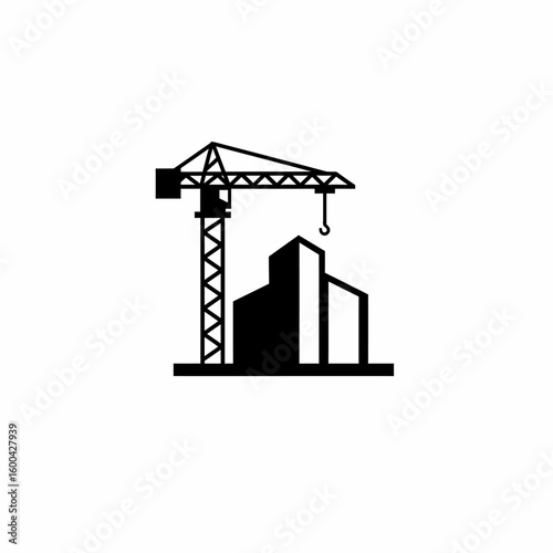 A graphic black silhouette of a towering construction crane stands beside abstract building shapes, symbolizing urban development and ongoing progress.