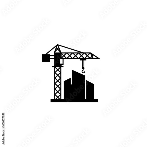 A black and white vector illustration depicts a construction crane and building silhouette, symbolizing urban development and infrastructure against a clean, white backdrop.