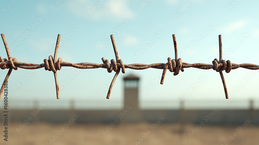 Fototapeta premium Barbed wire barrier against a pale blue sky. Securing the perimeter of a facility with its rusty metal. Implying confinement and security.