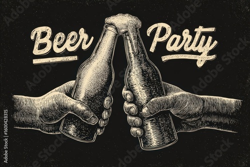 Hands holding beer bottle and glass with splash effect, retro line art style, black background with speckles, celebrating beer party concept.