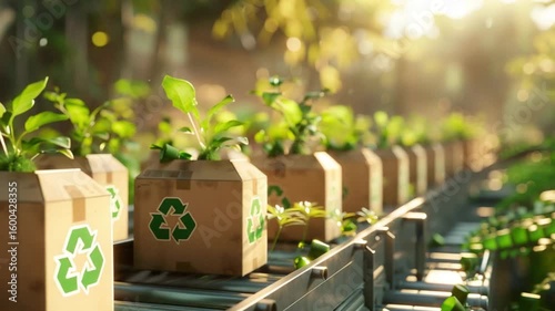Recycled boxes with young plants on a conveyor belt