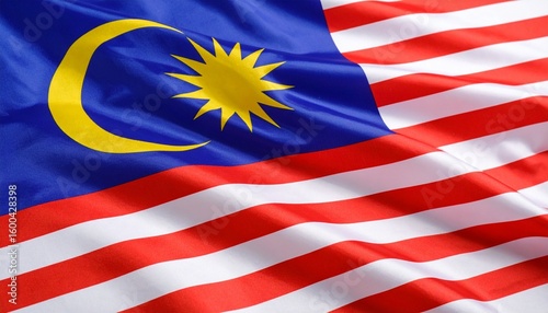 Malaysian flag with 14 red and white stripes, blue canton, yellow crescent and star