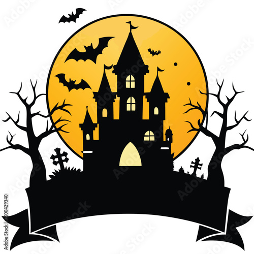 Spooky Halloween Castle Silhouette Against a Full Moon