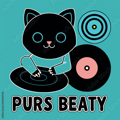 Groovy cat DJ in action with vinyl and feline beats colour Art Vector illustration