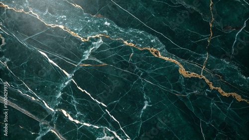 Abstract close up of a luxurious deep green marble surface with intricate white and gold veining patterns